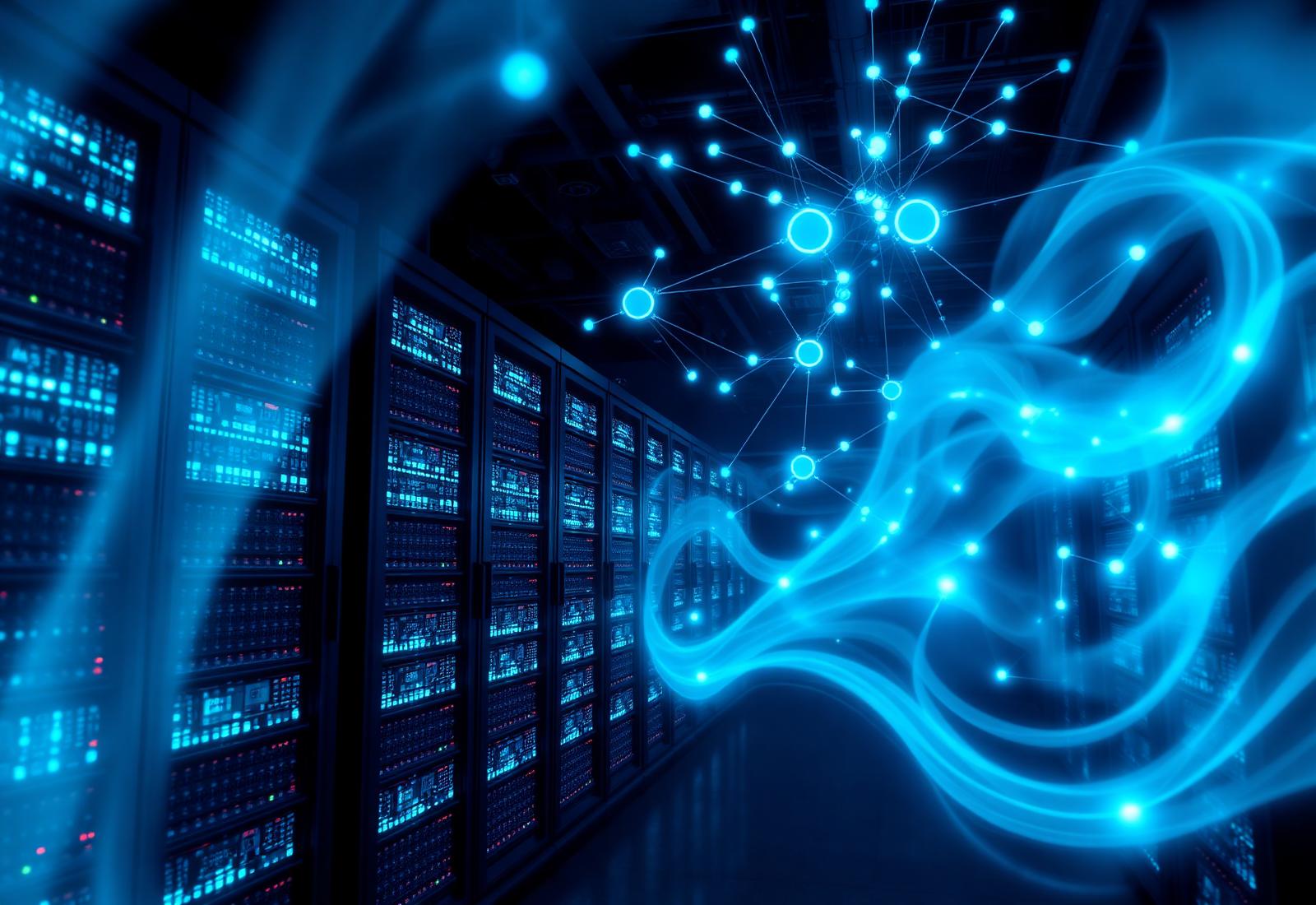 Dark data center corridor with glowing server racks and abstract network connections