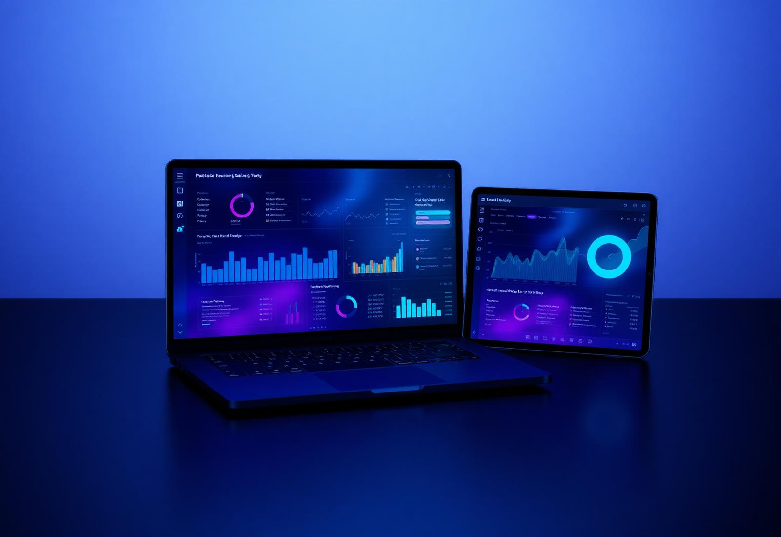 Modern laptop and tablet displaying analytical dashboards under cyan and violet studio lighting