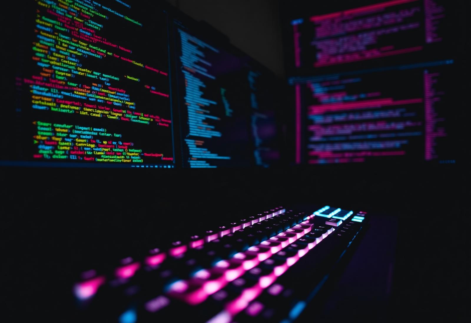 Developer workstation with illuminated mechanical keyboard and monitors displaying source code